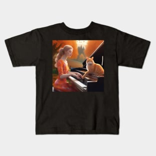 A Female Pianist With An Orange Cat Sitting On The Piano In The English Countryside With An Autumn Mist Kids T-Shirt